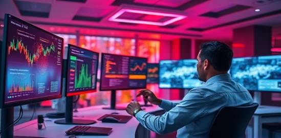 cutting-edge AI dataset display, engrossed, annotating data, photorealistic, futuristic office with floating monitors, highly detailed, animated datasets, 24mm lens, vibrant colors, overhead light, shot with a telephoto lens.