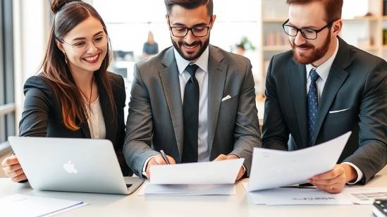 Business experts collaborating in a modern office environment.