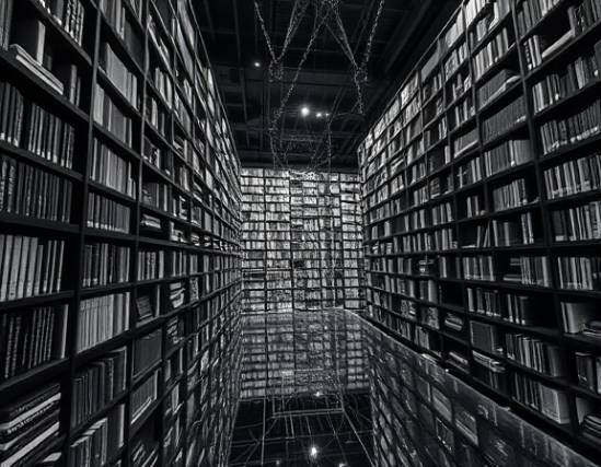 cutting-edge AI library, absorbed, synthesizing information, photorealistic, digital fortress with information streams, highly detailed, data rivers in flux, 90mm lens, black and white, focused lighting, shot with a prime lens.