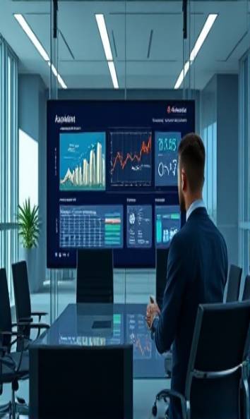 innovative assistant technology, informative presentation, displaying data on a virtual screen, photorealistic, corporate meeting room with glass walls, highly detailed, interactive digital elements, metallic and navy blue, artificial soft lighting, shot with a Sony FE 24-70mm f/2.8 GM lens.