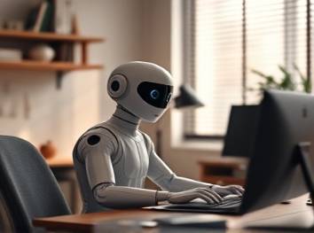 cutting-edge virtual assistant, inquisitive interaction, processing voice commands from a user, photorealistic, quiet home office environment, highly detailed, seamless integration with gadgets, warm neutral colors, diffused multi-directional lighting, shot with a Fujifilm XF 23mm f/1.4 lens.