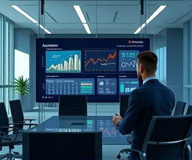 innovative assistant technology, informative presentation, displaying data on a virtual screen, photorealistic, corporate meeting room with glass walls, highly detailed, interactive digital elements, metallic and navy blue, artificial soft lighting, shot with a Sony FE 24-70mm f/2.8 GM lens.