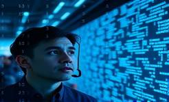 cutting-edge AI technology, intrigued, analyzing data patterns, photorealistic, amidst a virtual reality space with floating data points, highly detailed, dynamic code streams, crisp resolution, azure and metallic gray, illuminated by LED screens, shot with a tilt-shift lens.