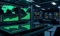 advanced AI solutions, innovative, solving complex equations, photorealistic, in a modern office with sleek gadgets and charts, highly detailed, interactive touch panels, ultra-definition, emerald green and glossy black, spotlighted by task lighting, shot with a wide-angle lens.