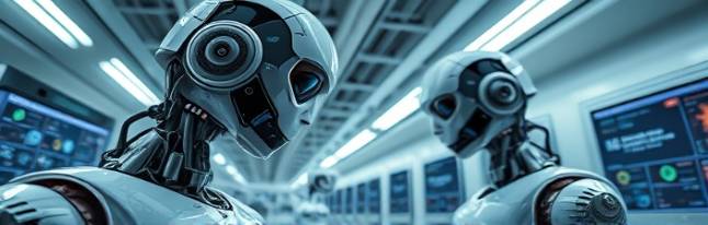 pioneering AI technology, curious, interacting with robots, photorealistic, in a research facility with robotic arms and screens, highly detailed, rotating holograms, high fidelity, chrome and cobalt, lit by fluorescent lights, shot with a fish-eye lens.