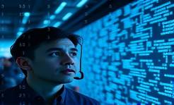 cutting-edge AI technology, intrigued, analyzing data patterns, photorealistic, amidst a virtual reality space with floating data points, highly detailed, dynamic code streams, crisp resolution, azure and metallic gray, illuminated by LED screens, shot with a tilt-shift lens.