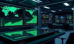 advanced AI solutions, innovative, solving complex equations, photorealistic, in a modern office with sleek gadgets and charts, highly detailed, interactive touch panels, ultra-definition, emerald green and glossy black, spotlighted by task lighting, shot with a wide-angle lens.