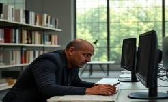 revolutionary AI development, focused, designing neural networks, photorealistic, in a university lab surrounded by books and computers, highly detailed, swirling light indicators, high resolution, graphite and ivory, softly bathed in natural light, shot with a zoom lens.