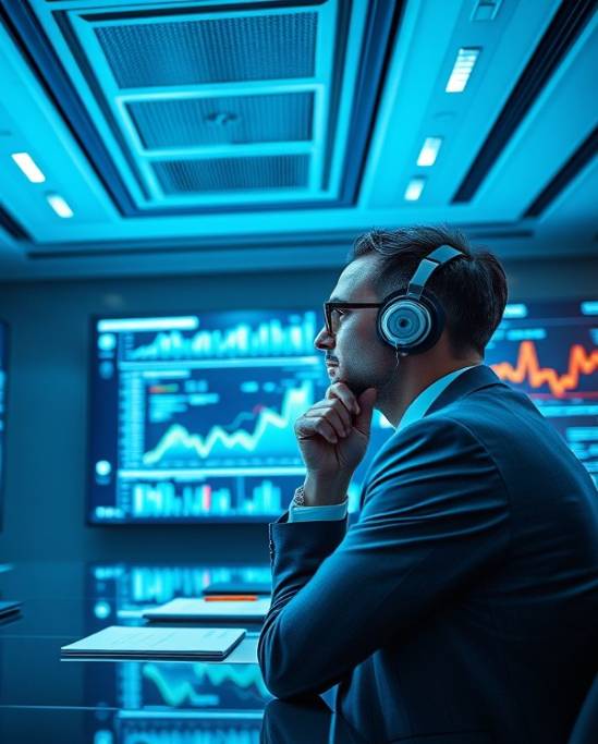 Futuristic boardroom with insightful AI insights and animated graphs, photorealistic clarity.