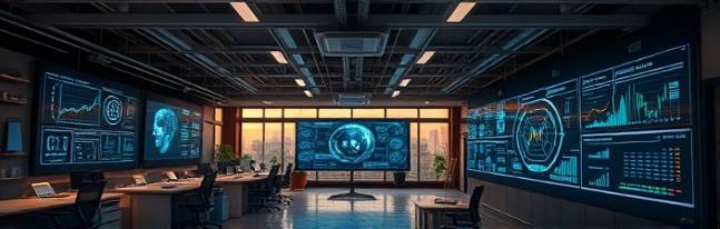 determined AI strategy, focused, mapping future AI growth, photorealistic, expansive open-plan office with interactive whiteboards, highly detailed, animated data flows, ultra-sharp definition, deep earth tones, soft evening light, shot with a wide-angle lens.