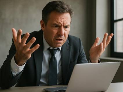 Confused and frustrated business owner struggling with a computer issue.
