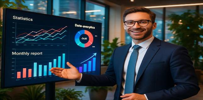 White male in professional dress presenting data analytics in an urban innovation hub.