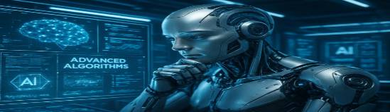 futuristic AI future, contemplative, designing advanced algorithms, photorealistic, sleek design lab with holograms, highly detailed, AI interface projections, clear rendering, cold blue and metallic colors, fluorescent lighting, captured with a macro lens.