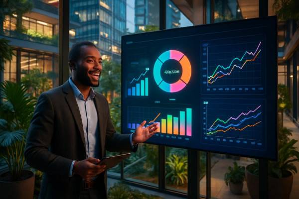 progressive growth AI, motivating, presenting data analytics, photorealistic, urban innovation hub with greenery, highly detailed, digital chart displays, high-resolution graphic, pastel and neon contrasts, warm ambient glow, shot with a 24mm lens.