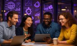 integrative growth AI, enthusiastic, merging diverse technology sectors, photorealistic, shared workspace with digital interfaces, highly detailed, collaborative brainstorming, vivid sharpness, purple and white lights, tungsten lighting, shot with a 105mm lens.