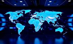 expansive AI growth, hopeful, mapping global AI distribution, photorealistic, digital map room with virtual screens, highly detailed, interactive globe display, impeccable detail, vibrant blues and silvers, soft ambient lighting, shot with a tilt-shift lens.