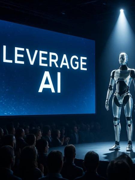 Innovative AI introduction showcasing a new robot model in a conference hall.