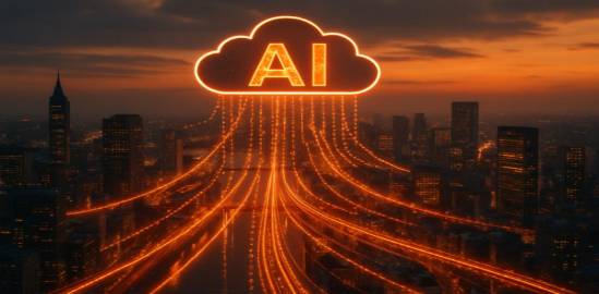 technological AI introduction, exciting, rolling out new digital services, photorealistic, cityscape from a high vantage point, highly detailed, aerial view of data cloud flows, sharp clarity, vibrant orange and silver tones, evening light, captured with a telephoto lens.