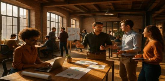 dynamic growth innovation, energetic, establishing a startup hub, photorealistic, bustling urban loft, highly detailed, networking interaction, crisp and clean, warm earth tones, morning sunlight streaming in, shot with a 28mm lens.