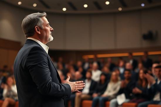Focused entrepreneur, confident expression, giving a presentation on stage, photorealistic, sophisticated corporate auditorium with minimalist decor, highly detailed, audience clapping energetically, full-frame DSLR sensor, monochrome suit with splash of color, dynamic stage lighting, shot with a 50mm lens.