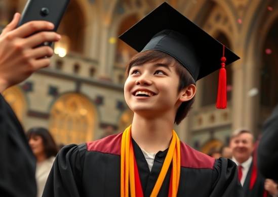 Eager student, hopeful expression, receiving a diploma, photorealistic, academic ceremony with a backdrop of historical architecture, highly detailed, confetti and cheers in the air, high dynamic range, vibrant academic gown colors, indoor spotlight lighting, shot with a telephoto lens.