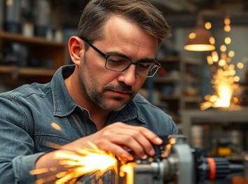 Visionary inventor, focused expression, assembling a prototype, photorealistic, workshop filled with high-tech gadgets and tools, highly detailed, sparks flying in the background, macro sensor capability, industrial metallic tones, ambient workshop lighting, shot with a macro lens.