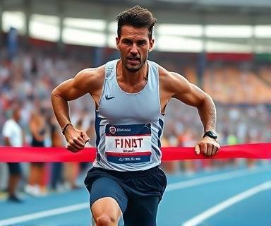 Poised athlete, fierce expression, crossing the marathon finish line, photorealistic, cheering crowd and fluttering banners in the stadium, highly detailed, motion blur effect capturing speed, high shutter speed, vivid colors, dynamic stadium lighting, shot with a sports-action lens.