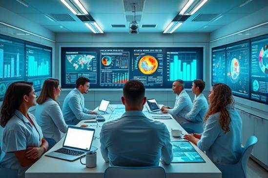 futuristic monthly lab meeting, collaborative group, discussing new findings, photorealistic, well-organized lab with digital screens displaying data inserts, highly detailed, whirlwind of charts and holograms, crisp resolution, vibrant colors, soft overhead lighting, shot with a wide-angle lens