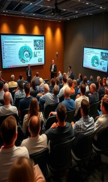 state-of-the-art MonthlyLab symposium, diverse team, presenting breakthrough research, photorealistic, auditorium-style lab with seating and large presentation screens, highly detailed, lively audience interaction, high resolution, earth tones, warm spotlight lighting, shot with a telephoto lens