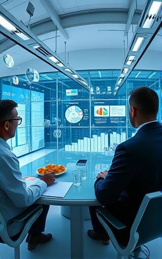 high-tech LabMonthly briefing, engaged researchers, analyzing data, photorealistic, sleek conference room with smart glass walls displaying infographics, highly detailed, interactive digital models floating in mid-air, high clarity, pastel color scheme, soft natural lighting, shot with a fisheye lens