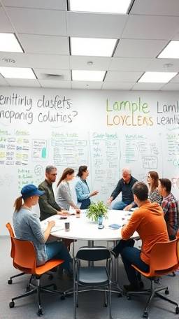 innovative LabCycle session, dynamic team, brainstorming solutions, photorealistic, collaborative open-space lab with writable walls and flexible seating, highly detailed, bursts of creative doodles and notes, ultra high definition, neutral palette, bright ceiling lights, shot with a zoom lens