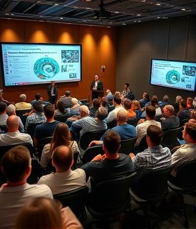 state-of-the-art MonthlyLab symposium, diverse team, presenting breakthrough research, photorealistic, auditorium-style lab with seating and large presentation screens, highly detailed, lively audience interaction, high resolution, earth tones, warm spotlight lighting, shot with a telephoto lens