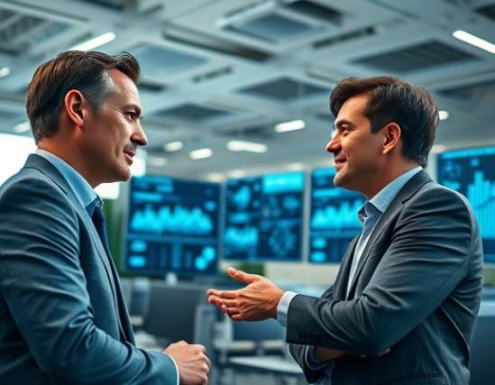 modern consultation tech, engaged expression, collaborating, photorealistic, open-plan workspace with digital screens, highly detailed, dynamic graphs and charts, crisp resolution, cool blues and grays, bright overhead lighting, shot with a 35mm lens.