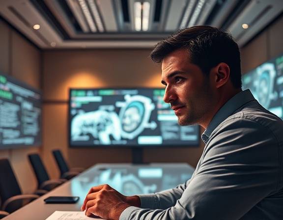 innovative AI strategy, determined expression, planning, photorealistic, futuristic boardroom with interactive whiteboards, highly detailed, animated AI projections, high-definition clarity, warm earth tones, focused spotlighting, shot with an 85mm lens.