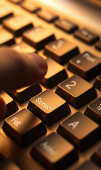 sleek shortcuts keys, focused, being pressed by an unseen hand, photorealistic, keyboard layout background, highly detailed, subtle key markings, metallic texture, warm gold and bronze, balanced studio lighting, shot with a telephoto lens.