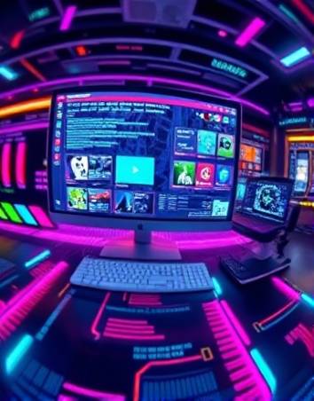 futuristic shortcuts digital, innovative, smoothly transitioning colors, photorealistic, virtual hologram workspace background, highly detailed, motion blur effect, luminescent colors, neon lighting, shot with a fisheye lens.
