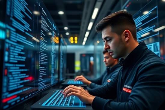 cutting-edge AI coding session, focused expression, programmers writing code on transparent screens, photorealistic, sleek tech hub with futuristic decor, highly detailed, interactive digital displays, high contrast, vibrant tones, dynamic studio lighting, captured with an 85mm lens.