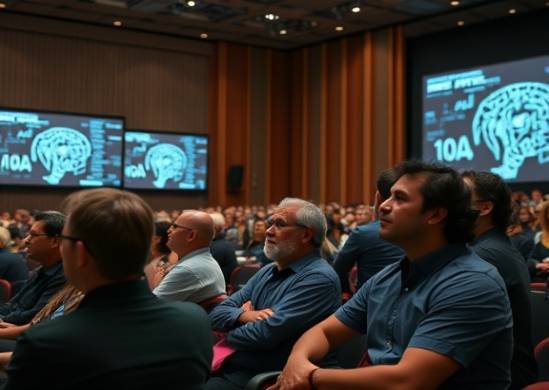 immersive AI seminar, attentive expression, participants listening to AI experts, photorealistic, large auditorium with virtual projection screens, highly detailed, animated audience reactions, high definition, muted earth tones, spot lighting on stage, captured with a 24mm lens.