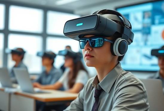 advanced AI training, inquisitive expression, trainees using augmented reality headsets, photorealistic, modern classroom with digital boards, highly detailed, synchronized learning activities, crystal-clear definition, pastel shades, natural daylight filtering through windows, shot with a 70mm lens.