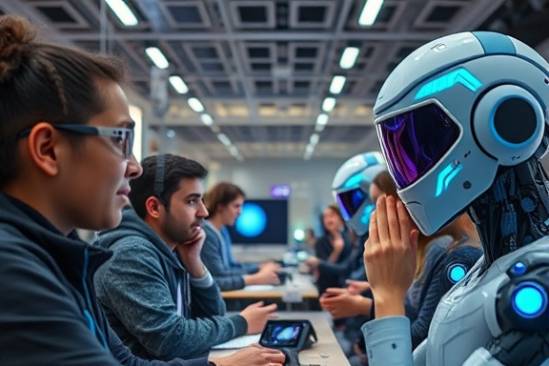 futuristic AI learning environment, curious expression, students interacting with AI avatars, photorealistic, open-concept space with smart tech, highly detailed, seamless integration of virtual and physical elements, maximum texture clarity, chromatic color palette, balanced LED lighting, captured with a 100mm lens.